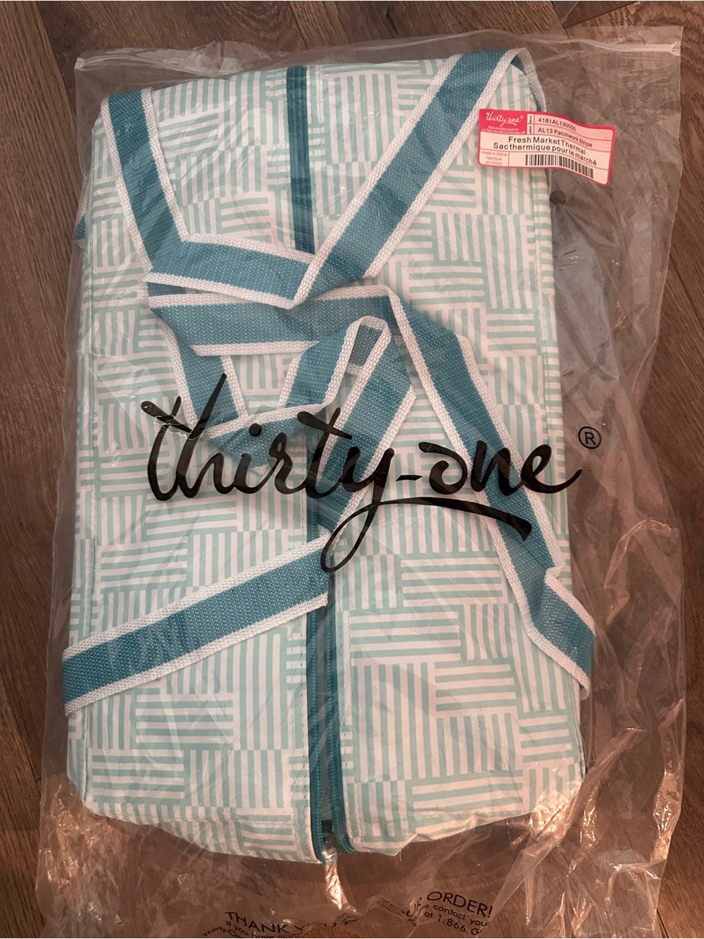 thirty-one Aqua & White Geometric Zippered thermal Tote